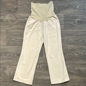 Morherhood Maternity Large Petite Pants Secret Fit Belly Wide Leg Slacks Khaki